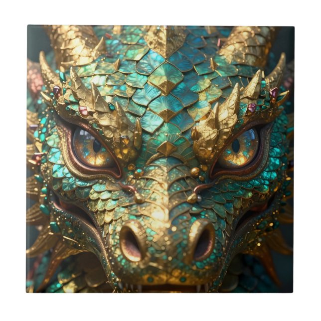 A Turquoise and Gold Dragon Mystical Ceramic Tile (Front)