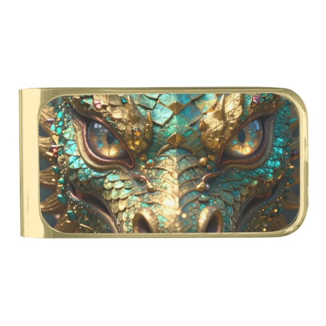 A Turquoise and Gold Dragon Mystical Gold Finish Money Clip (Front)