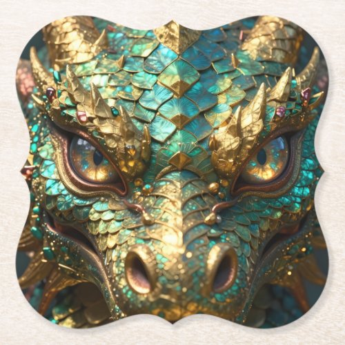 A Turquoise and Gold Dragon Mystical Paper Coaster