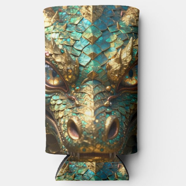 A Turquoise and Gold Dragon Mystical Seltzer Can Cooler (Front)