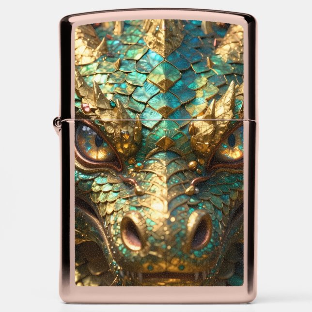 A Turquoise and Gold Dragon Mystical Zippo Lighter (Front)