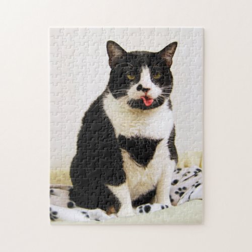A Tuxedo Cat Sticks Out Her Tongue Jigsaw Puzzle