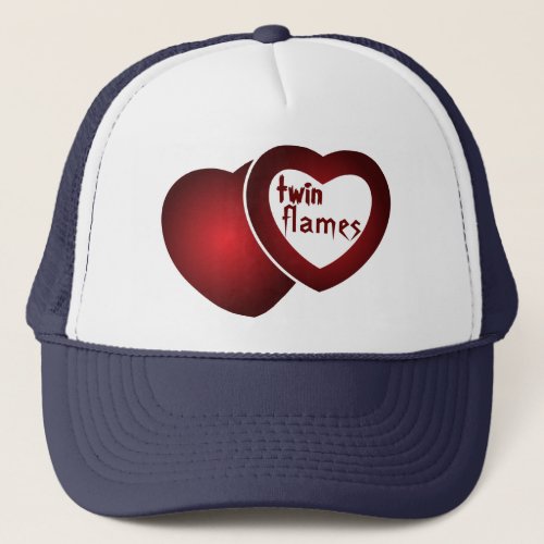 A Twin Flames heart design on red text Trucker Hat