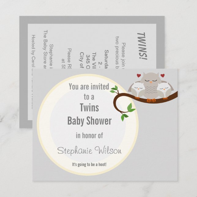 A Twins Hoot Of A Baby Shower Neutrals Invitation (Front/Back)