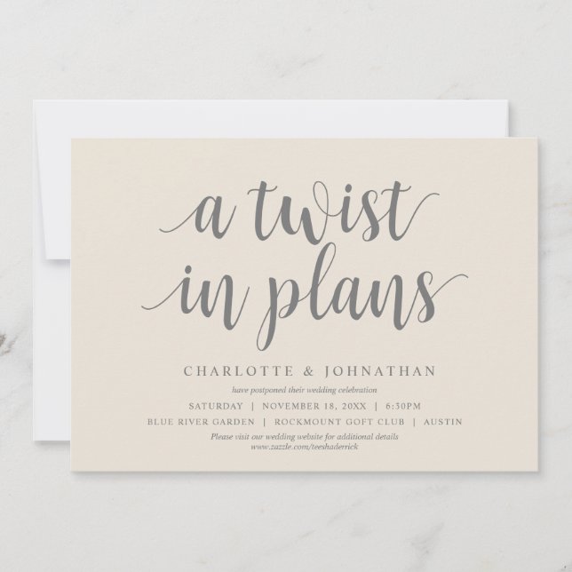 A twist in plans, Wedding Change the date Invitation (Front)