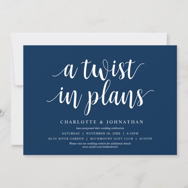 A twist in plans, Wedding Change the date Invitation (Front)