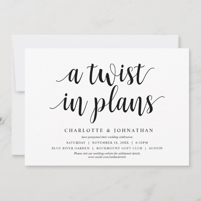 A twist in plans, Wedding Change the date Invitation (Front)