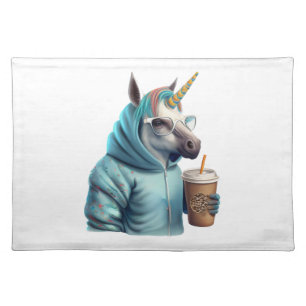 A unicorn with a hoodie drinks a coffee. 1 cloth placemat