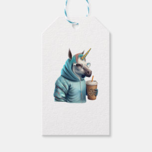 A unicorn with a hoodie drinks a coffee. 1 gift tags