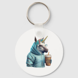 A unicorn with a hoodie drinks a coffee. 1 keychain
