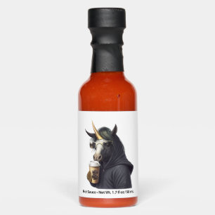 A unicorn with a hoodie drinks a coffee. hot sauces