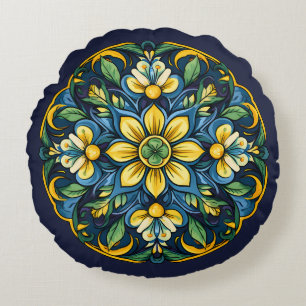 💚💙💛 A Unique Azulejo Elegance: Midnight Garden Round Pillow