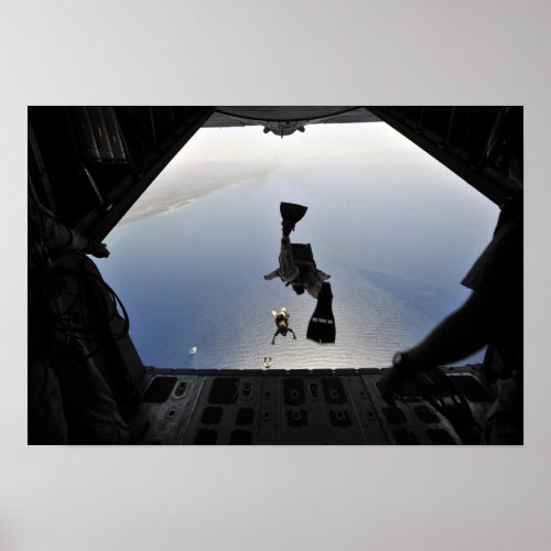 A US Air Force pararescueman jumping out Poster
