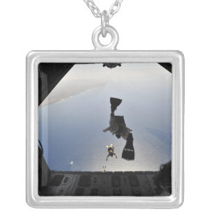 A US Air Force pararescueman jumping out Silver Plated Necklace