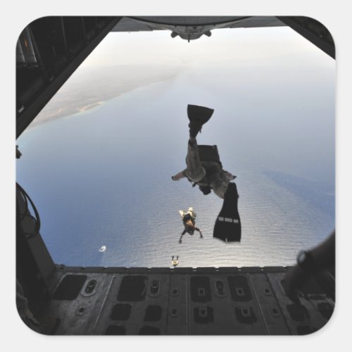 A US Air Force pararescueman jumping out Square Sticker