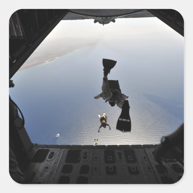 A US Air Force pararescueman jumping out Square Sticker (Front)