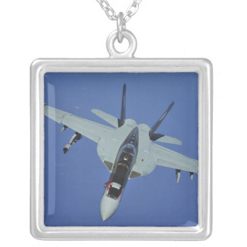 A US Navy FA_18F Super Hornet in flight Silver Plated Necklace