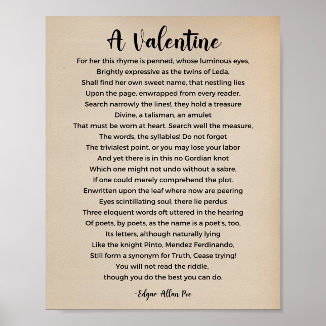 A Valentine Poem by Edgar Allan Poe Vintage Poster (Front)
