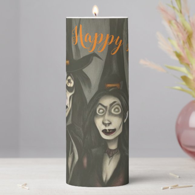 A vampire and a witch in Halloween Pillar Candle (In Situ)