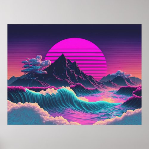 A Vaporwave Sunset Overlooking the Ocean Poster