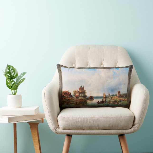 A Vast River Landscape With Windmills Lumbar Pillow (Chair)