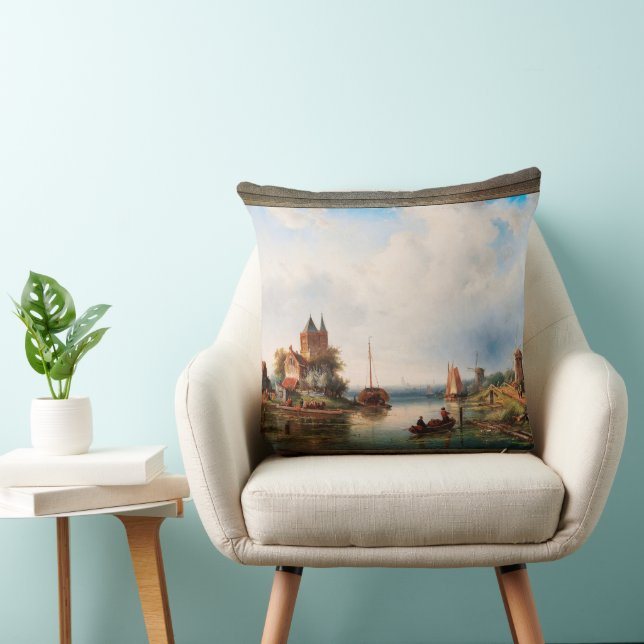 A Vast River Landscape With Windmills Throw Pillow (Chair)