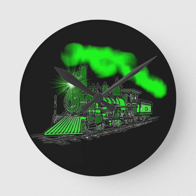 A Very Bright Neon Green Train Engine Round Clock (Front)