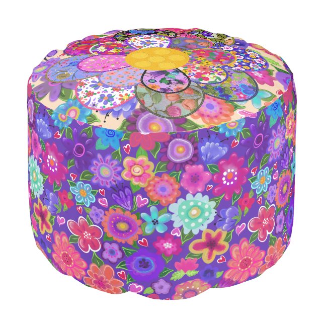 A Very Flowery Flower Beautiful Boho Floral Art Pouf (Angled Front)