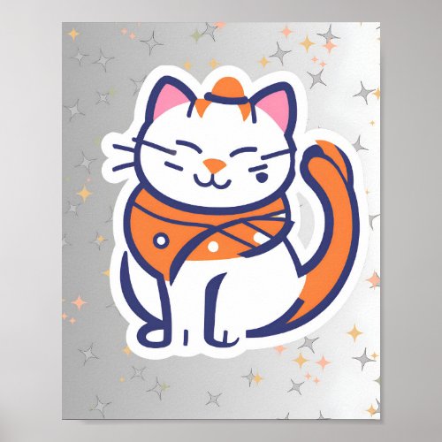 A very happy white and pink tuxedo cat sticker poster