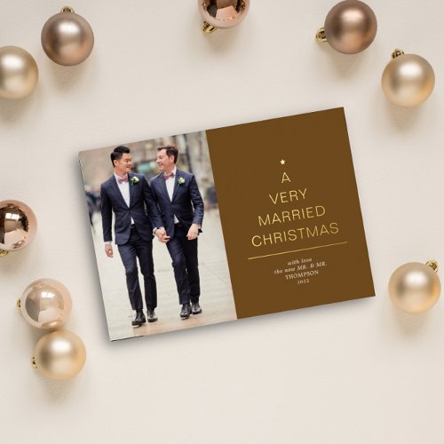 A Very Married Christmas Dark Mustard Gold Foil Holiday Card