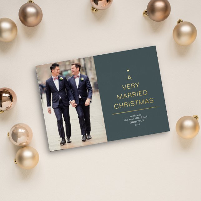 A Very Married Christmas Green Gold Foil Holiday Card (Creator Uploaded)