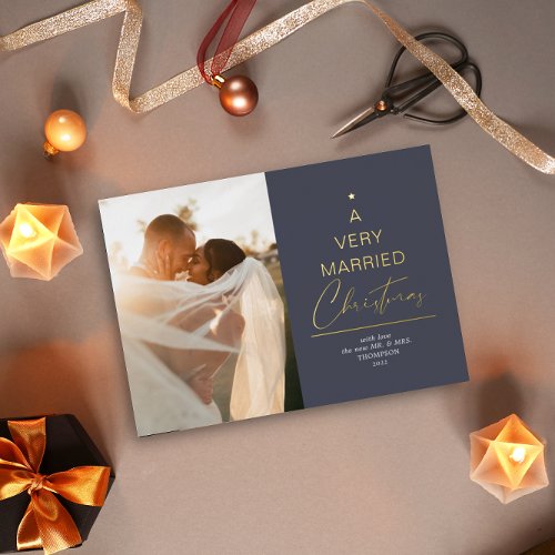 A Very Married Christmas Script Blue Silver Foil Holiday Card
