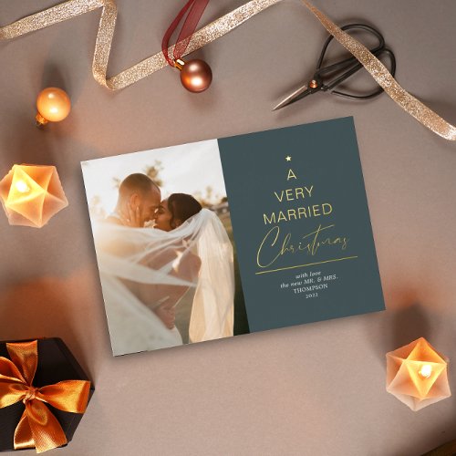 A Very Married Christmas Script Green Gold Foil Holiday Card