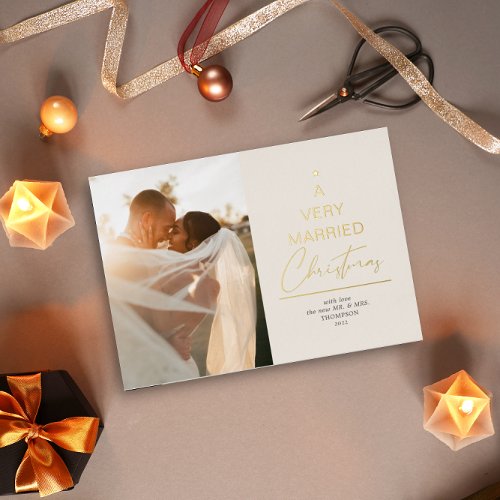A Very Married Christmas Script Ivory Gold Foil Holiday Card
