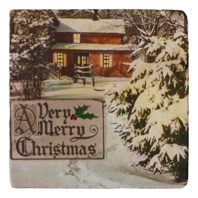 A Very Merry Christmas Classic Traditional Winter  Trivet (Front)