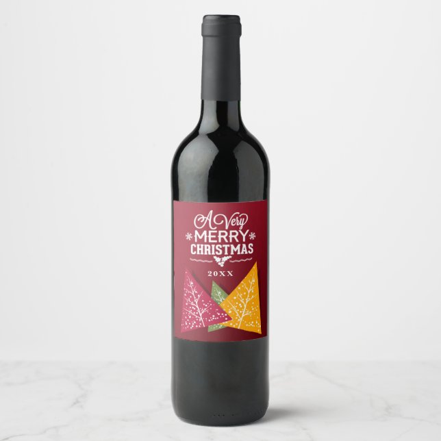 A Very Merry Christmas | Stylized Trees | Editable Wine Label (Front)