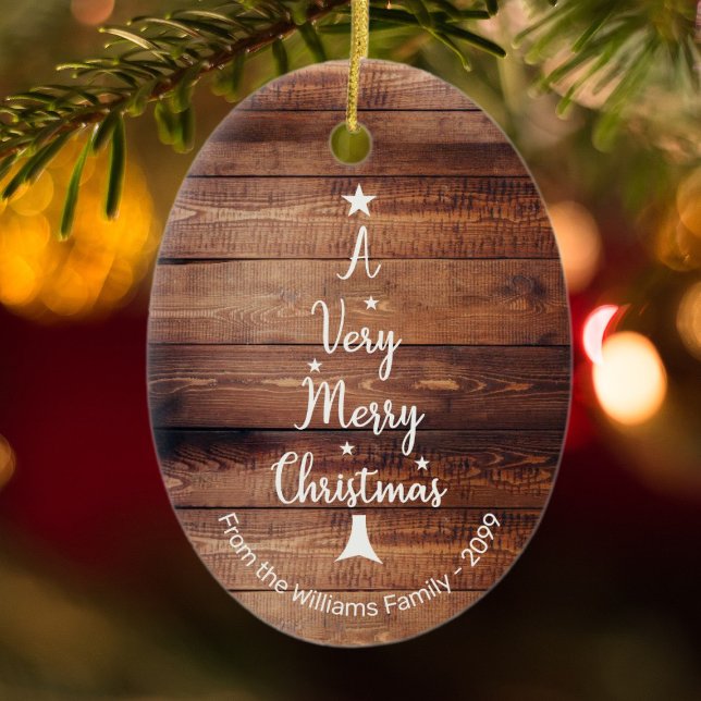 A Very Merry Christmas tree on rustic wood Ceramic Ornament (Creator Uploaded)