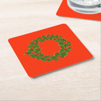 A Very Merry Christmas Wreath Square Paper Coaster