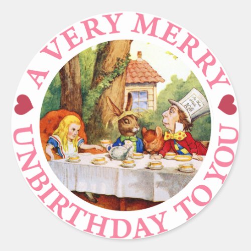 A VERY MERRY UNBIRTHDAY TO YOU CLASSIC ROUND STICKER