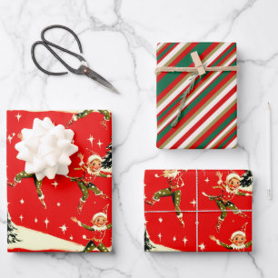 A Very Retro Merry & Bright Christmas Pixies Wrapping Paper Sheets