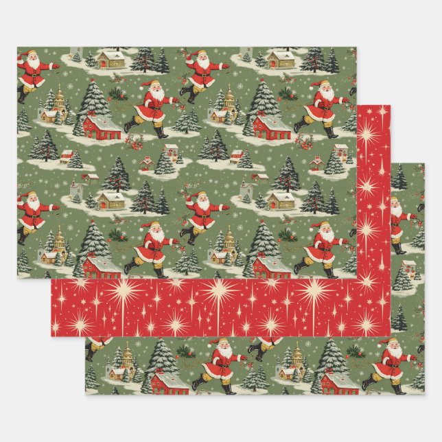A Very Retro Merry & Bright Santas Wrapping Paper Sheets (Set)