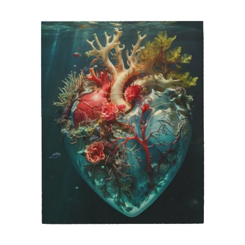  a vibrant anatomical heart  underwater  wood wall art