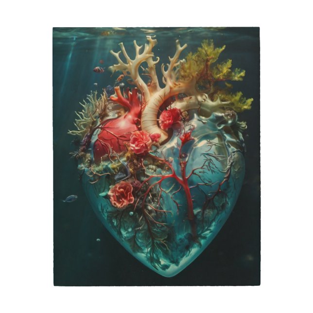  a vibrant anatomical heart,  underwater  wood wall art (Front)