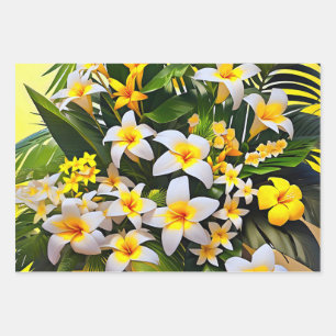 A vibrant arrangement of white and yellow plumeria wrapping paper sheets