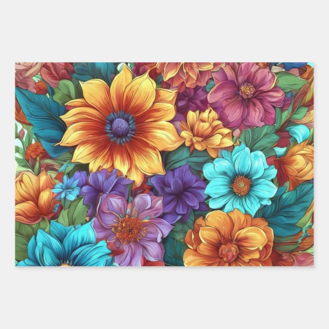 A vibrant assortment of flowers wrapping paper sheets (Front)