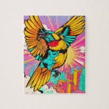 A vibrant bird soaring high