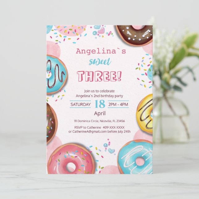 A vibrant birthday invitation with donuts.  (Standing Front)