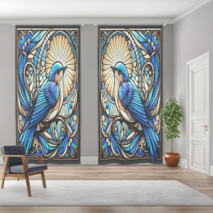 A vibrant bluebird perched within artistic flora sheer curtains