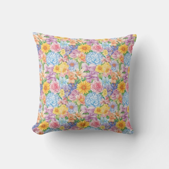  A vibrant detailed illustration of various flower Throw Pillow (Front)