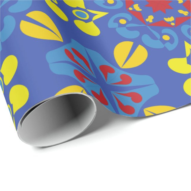 A vibrant geometric pattern with red floral motifs wrapping paper (Roll Corner)